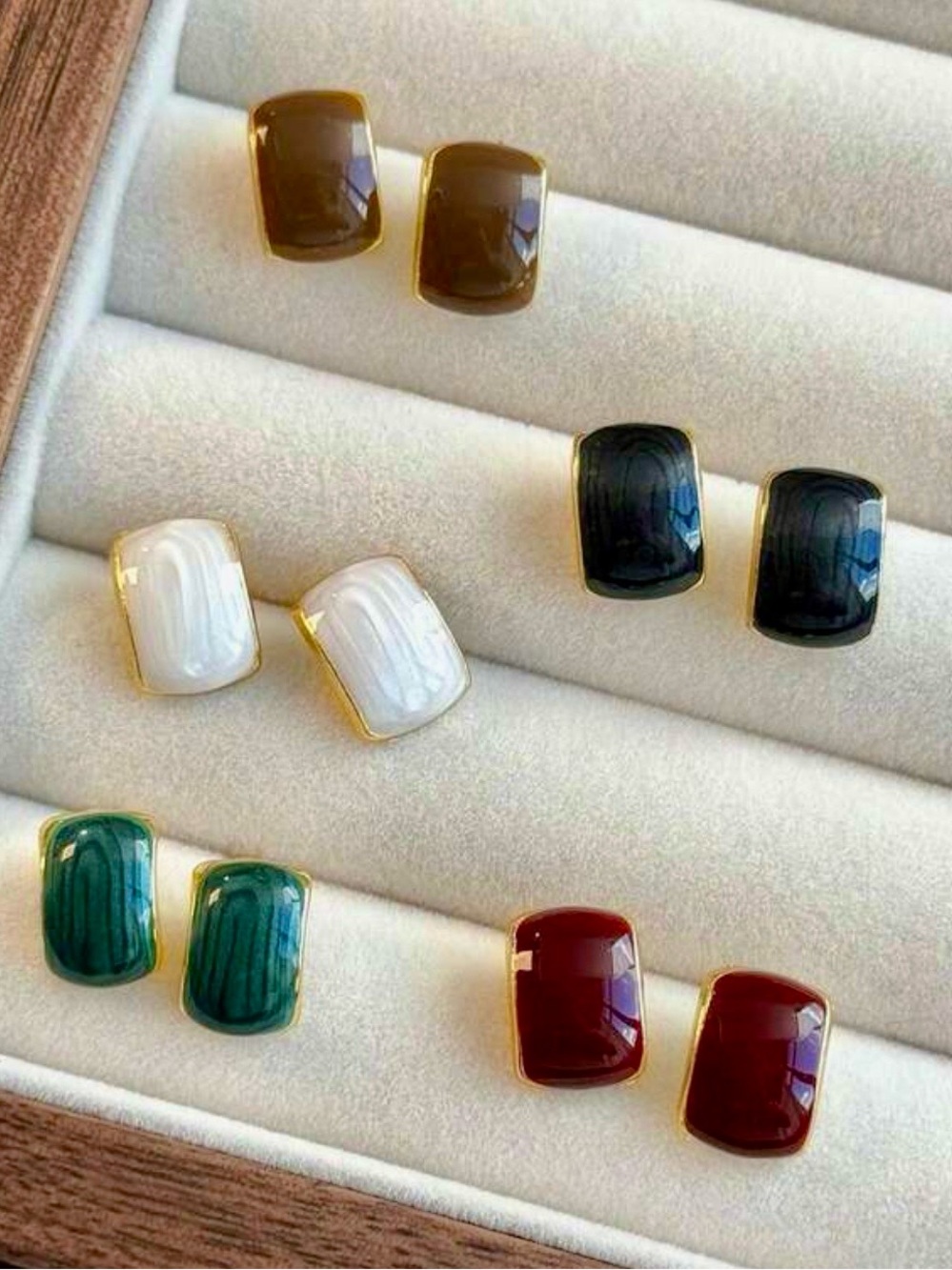 Gold-Trim Resin Stud Earrings in Brown, Black, White, Green, and Red; NWOT